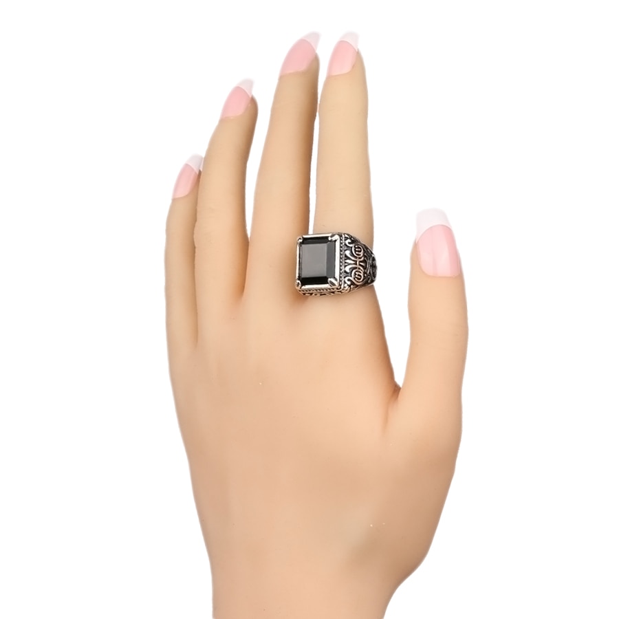 Men's Black Filled Silver Resin Ring - Image 6